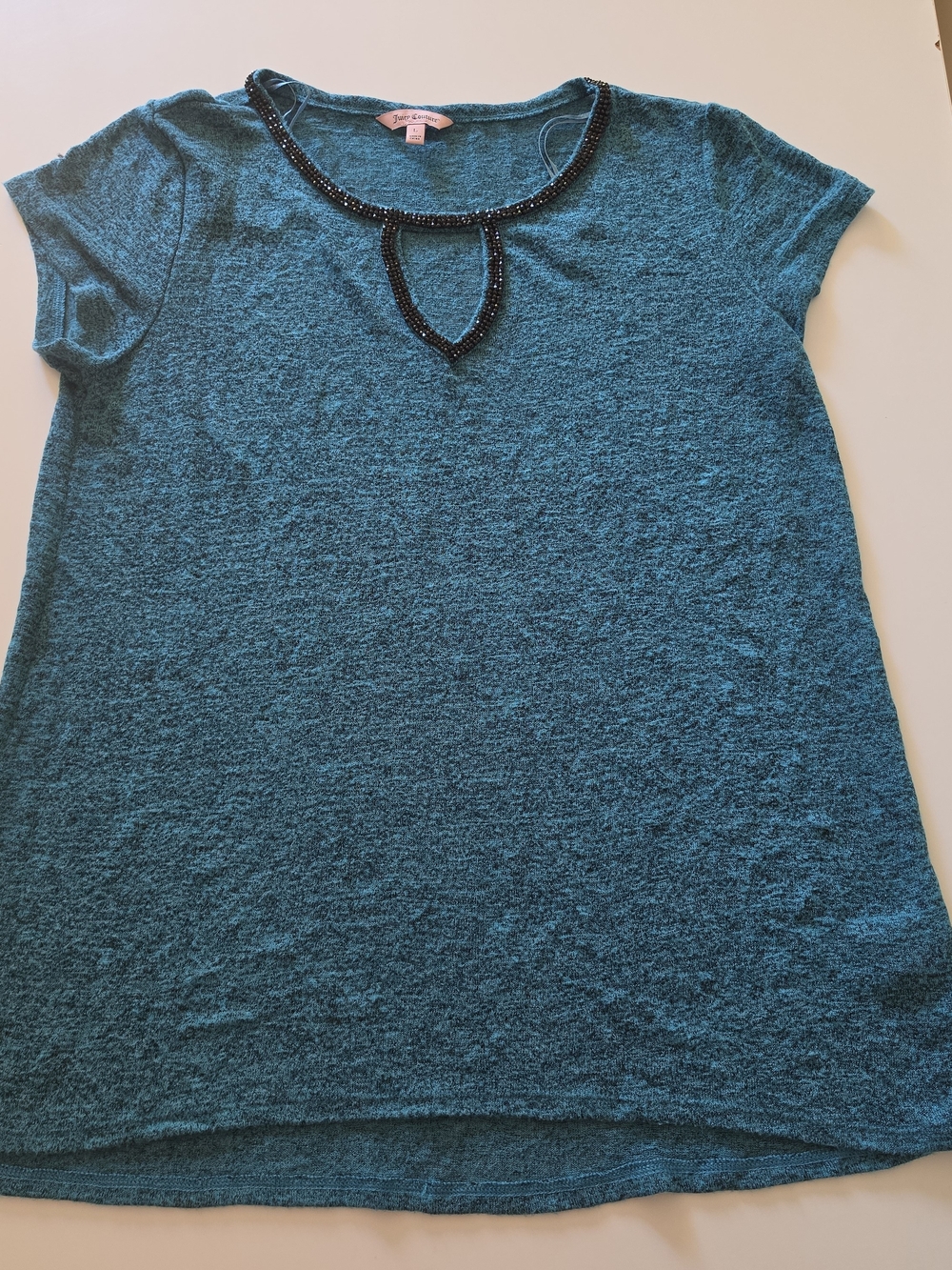 Juicy Couture Short Sleeve Blouse Womens Size L Stretch Top Rhinestone Details
